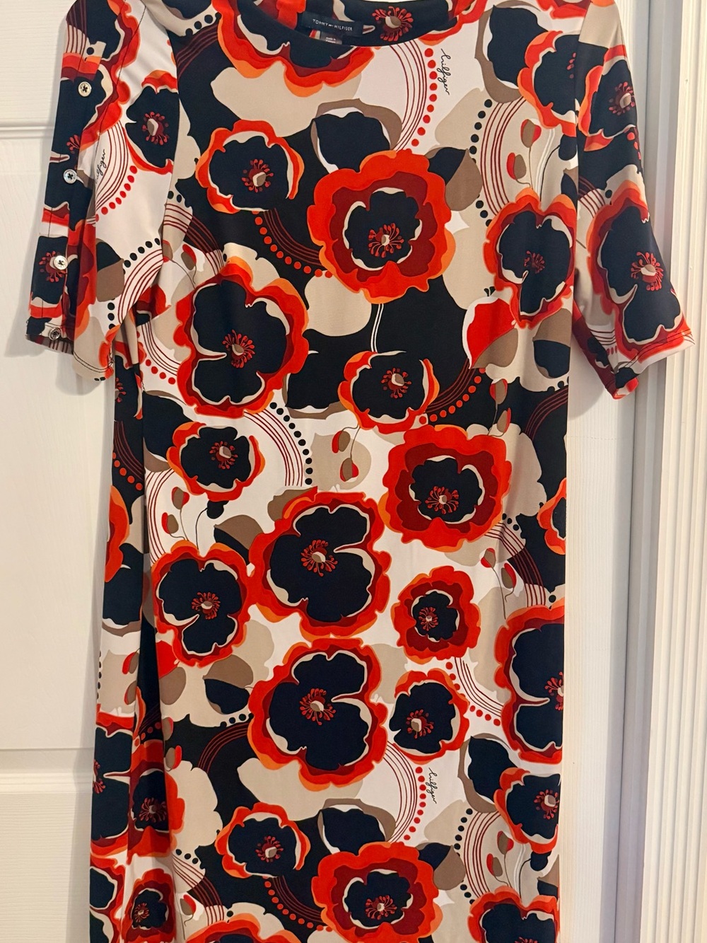Tommy Hilfiger Red, Navy & Beige Floral Midi Dress Size 8